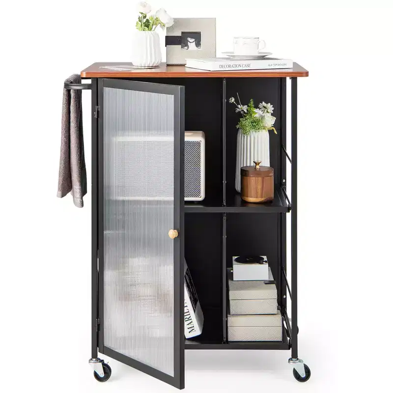 Mobile Serving Cart Metal Kitchen Trolley with Transparent Single Door Cabinet
