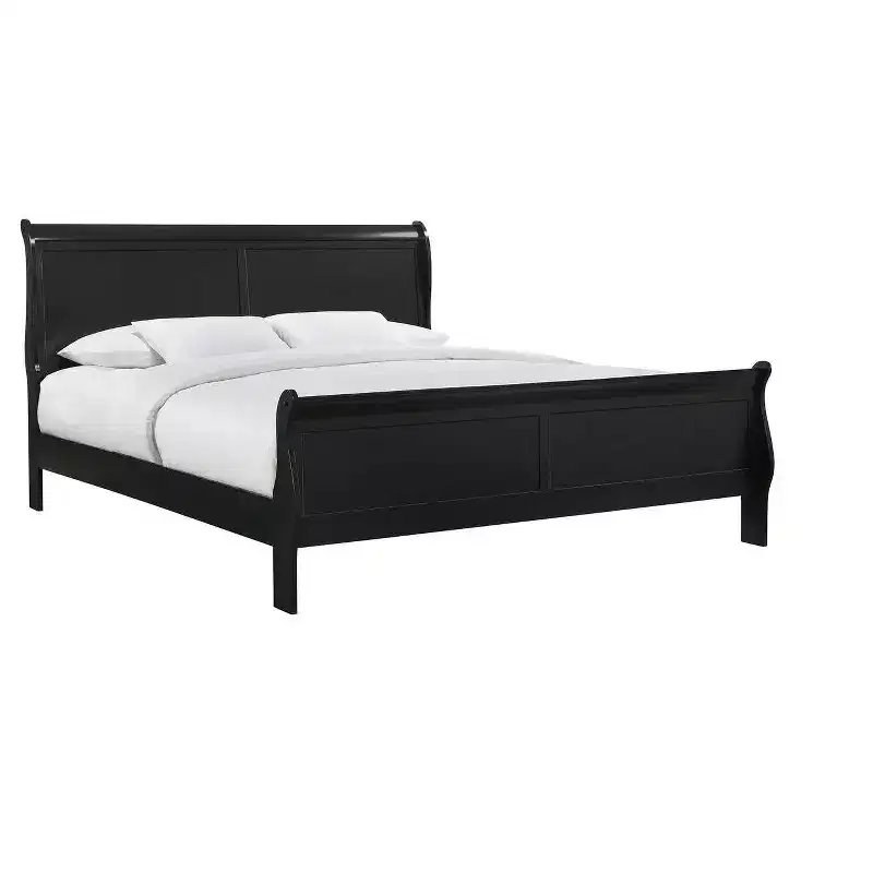 Okak 80 King Sleigh Bed Solid Wood Youth Bed Frame with Headboard/Footboard, Low Profile Safe Design for Kids Room, Black