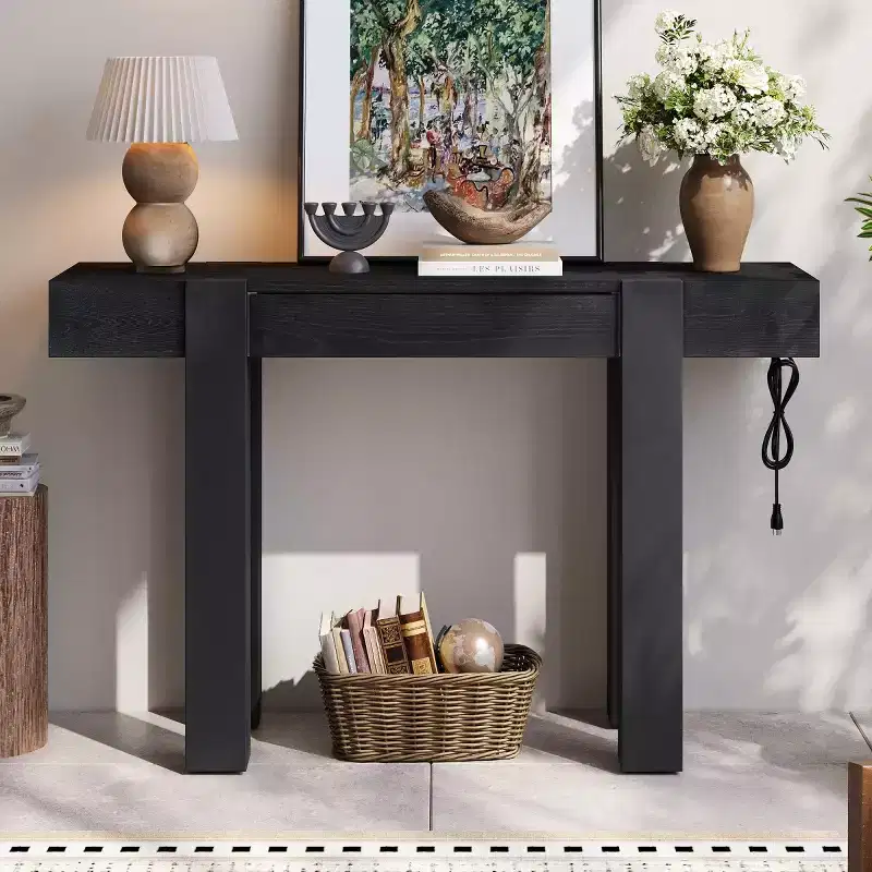 47 Console Table with Storage Drawers, Wood Veneer Behind the Couch Table, Narrow Entryway Table for Living Room or Home Office