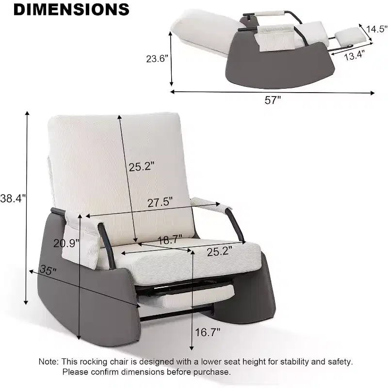 3-Position Glider Rocking Chair with Foldable Hidden Footrest