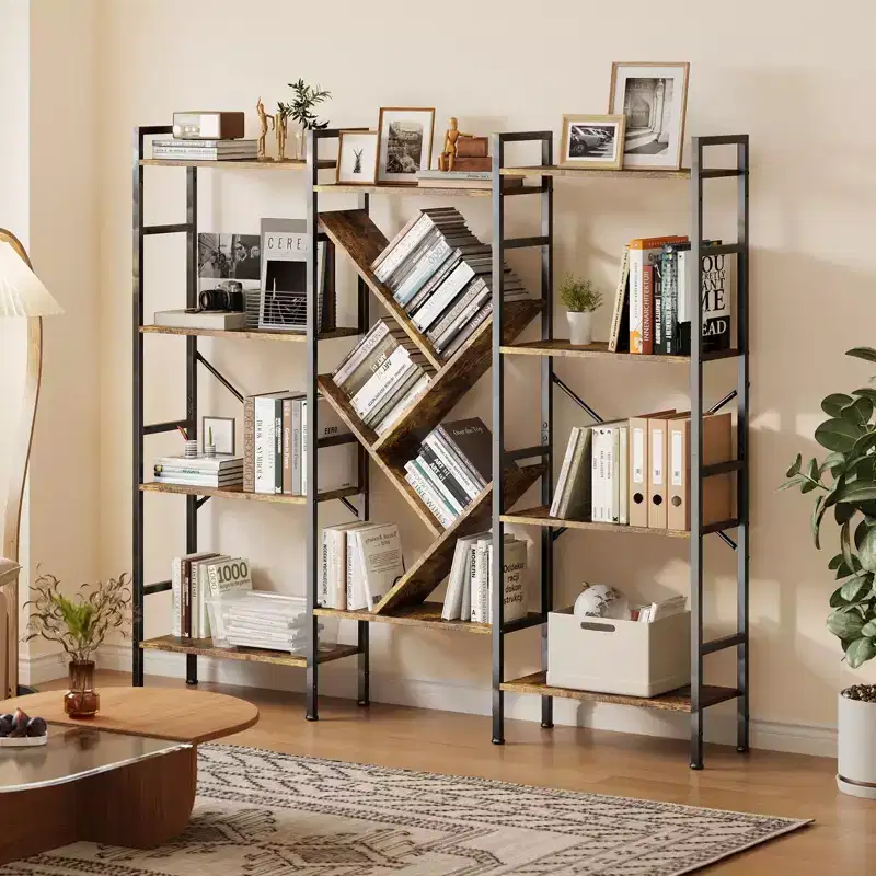 Triple 5-Tier Wide Bookcase, Rustic Wood Shelving Unit for Bedroom, Living Room & Office