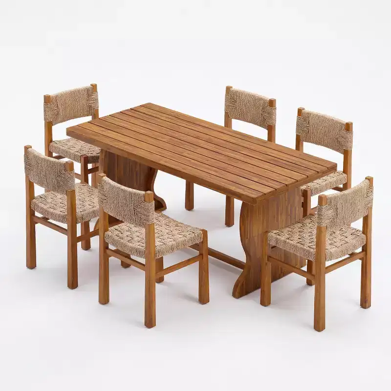 Christopher Knight Home Antonella Farmhouse 7 Piece Acacia Wood Dining Set with Wicker and Slatted Design