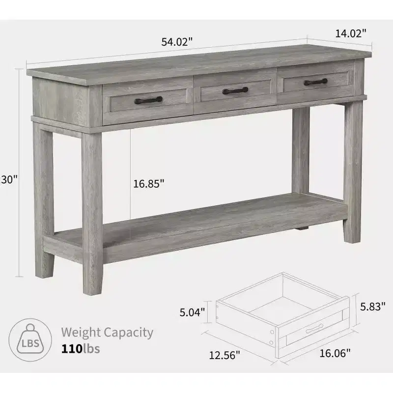 Farmhouse Entryway Table, 3 Tier Console Table with 3 Storage Drawers, 54 Wooden Sofa Table for Entryway Living Room,Hallway Table