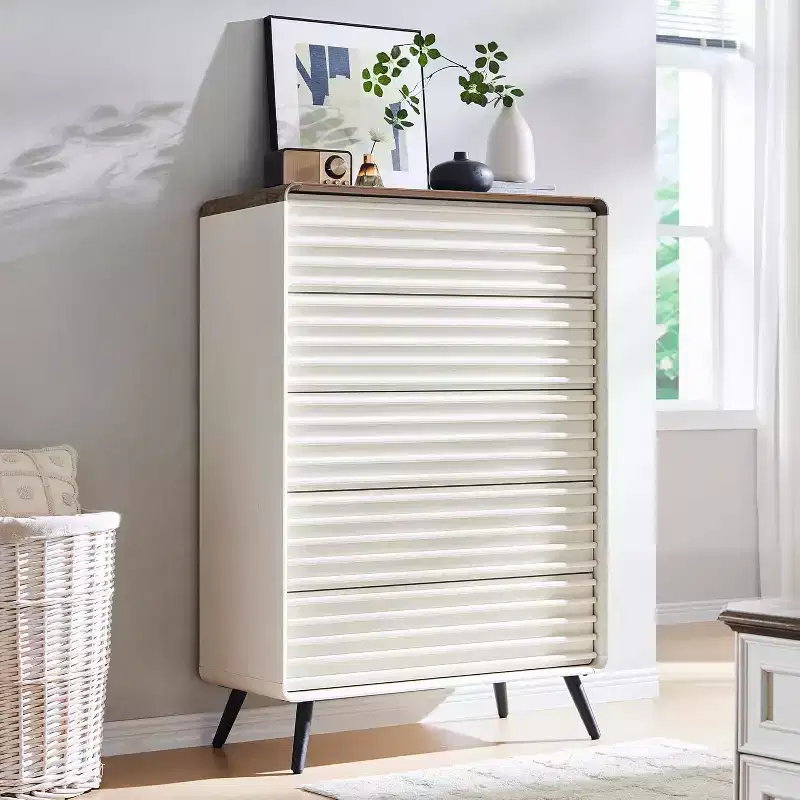 SinCiDo 5 Drawers Dresser, 48 Tall Mid Century Modern Fluted Wood Chest with Tapered Legs for Bedroom, Living Room, Hallway & Closet