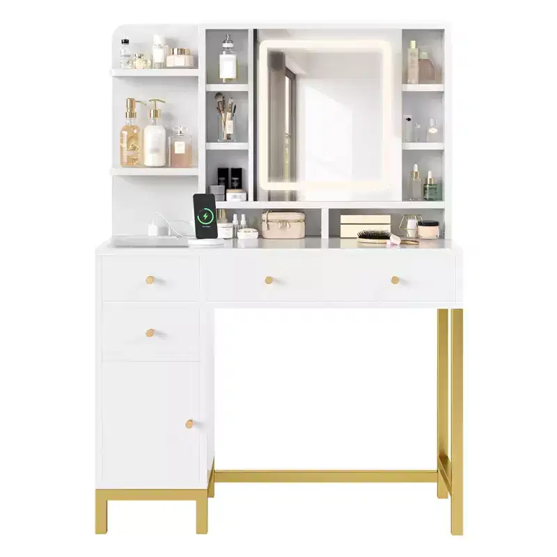 White Vanity Desk with Mirror and Lights, Makeup Desk Dressing Table with LED Lighted Mirror & Power Outlet, 3 Lighting Colors for Bedroom