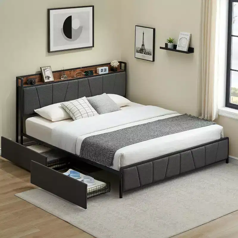 Upholstered Platform Bed Frame with Storage Drawers & Charging Headboard - Twin, Full, Queen or King Size, Gray