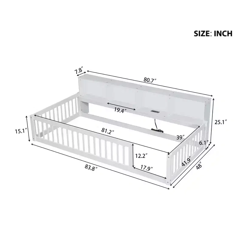 Kids Montessori Floor Bed with Bookcase,Twin XL Size Floor Bed with Charging Station,Floor Bed Frame with Guardrails for Kids, White