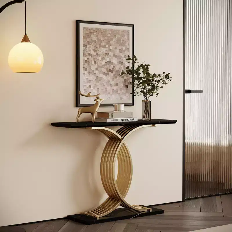 Modern Luxury Console Table with X-Shape Gold Metal Legs – Black Top, 43