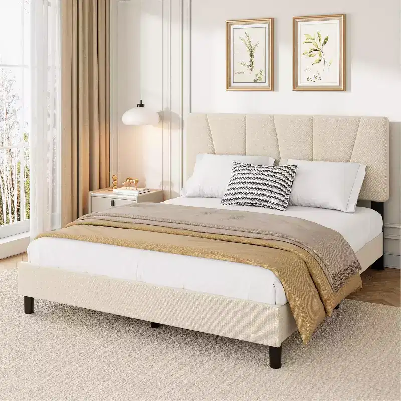 Bed Frame for Kids, Wooden Slats Support Platform Bed Frame,Linen Upholstered Headboard,Modern Style, No Box Spring Needed