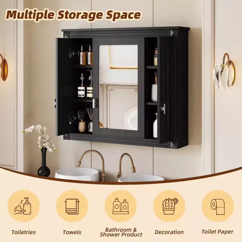 35 in. W x 28 in. H Rectangular MDF Medicine Cabinet with Mirror, Soft-Closing Hinges, 8 Shelves, Black