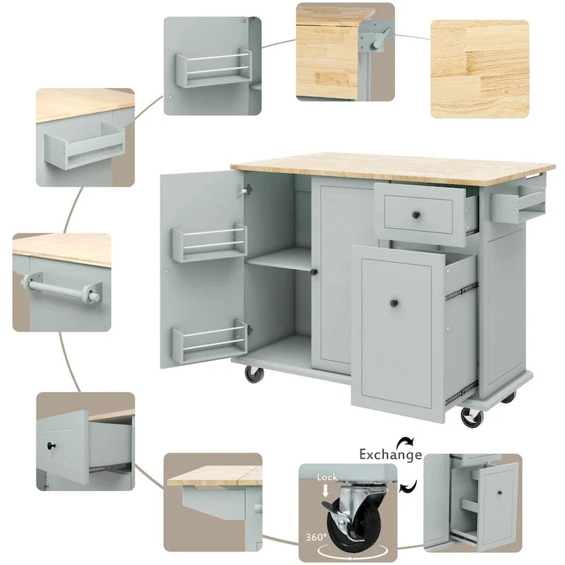 53.9 Kitchen Island Cart with Drop Leaf on Wheels