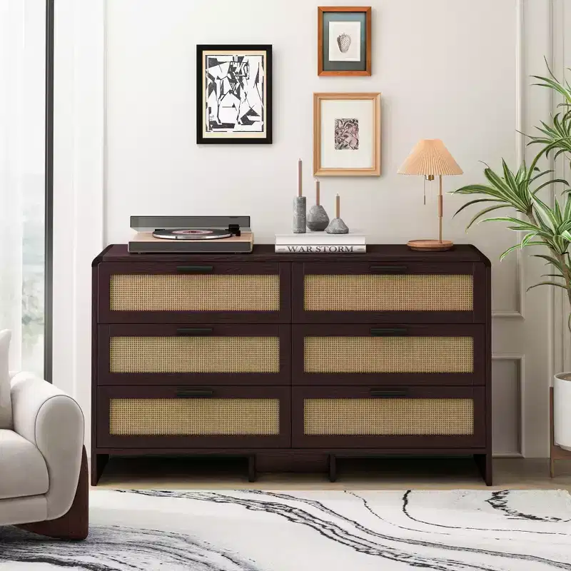 6 Drawers Rattan Dresser Chest, Arc Shaped Corner Rattan Storage Cabinet for Living Room Bedroom -ModernLuxe