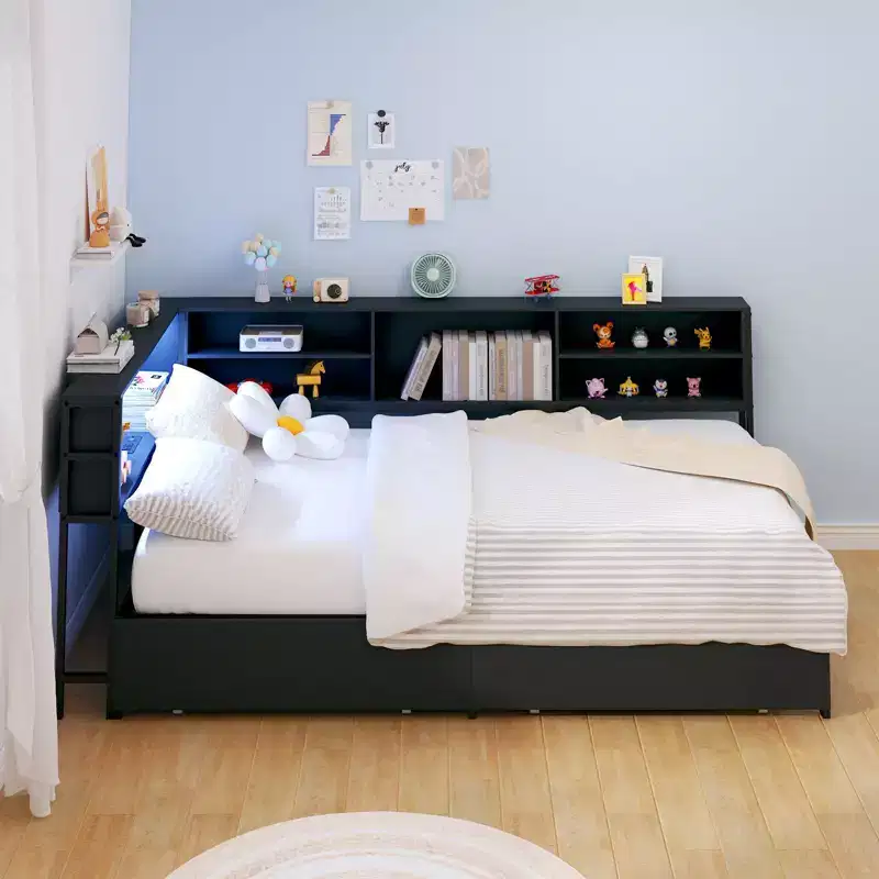 Twin/Full Kids =Daybed Corner Bed Frame with Storage Bookcase & LED Light,Modern Bookcase Platform Bed,No Box Spring Needed
