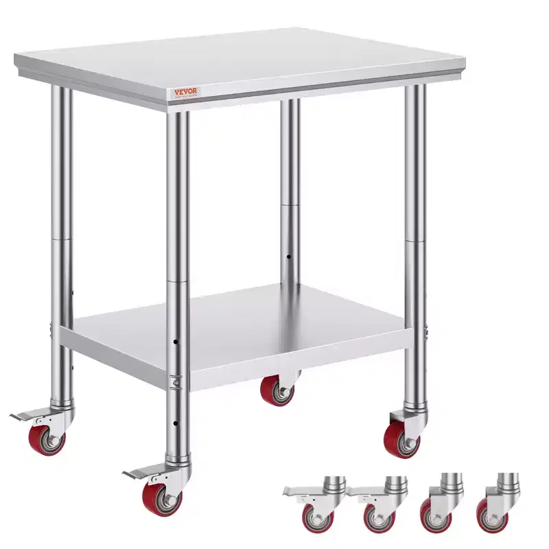 VEVOR Stainless Steel Work Table 30 x 24 x 33 Inch, 700 LBS Load Capacity with 4 Wheels, 3 Adjustable Height Levels, Silver