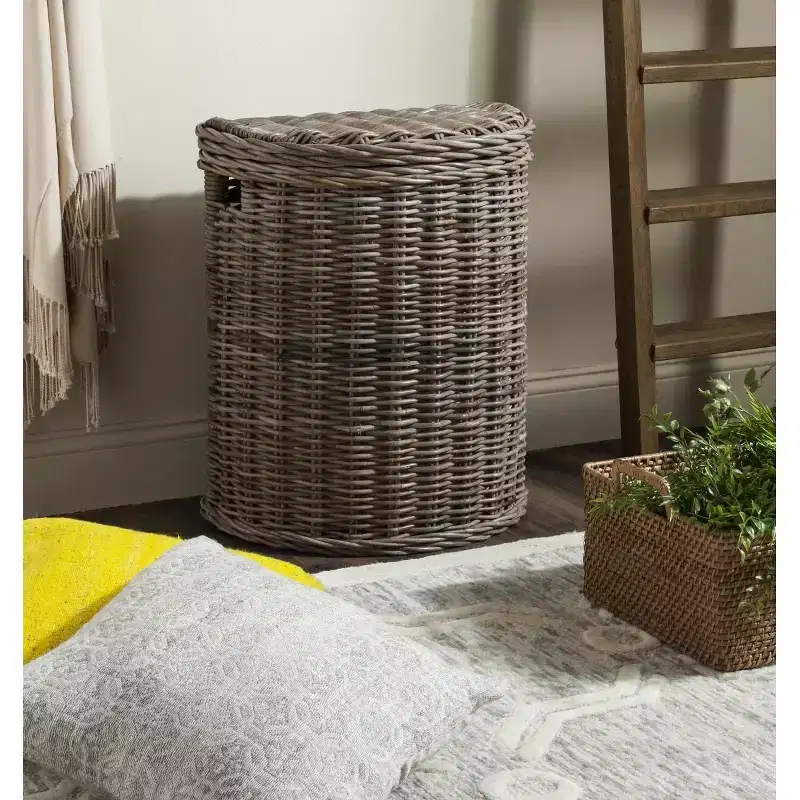 Grey Rattan Laundry Hamper with Lid – Half-Moon, Single Compartment