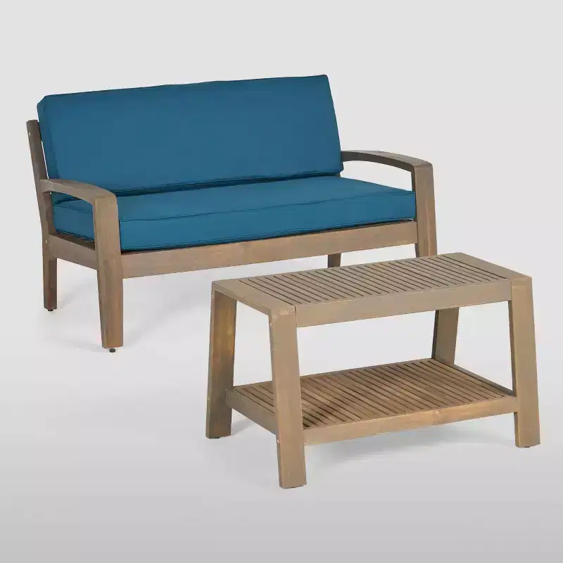 2pc Grenada Acacia Wood Patio Chat Set Gray: Weather-Resistant with Cushions - Christopher Knight Home