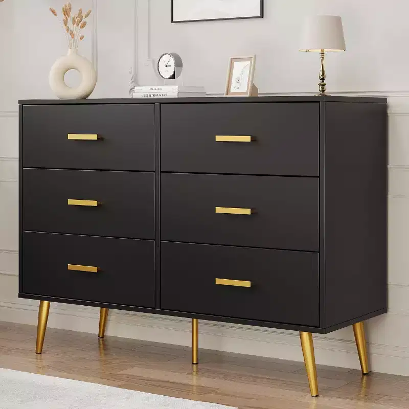 Modern 6 Drawer Dresser with Storage Space, Wooden Dresser with Gold Handles, Chest Dresser with Deep Drawers for Bedroom, Living Room, Office