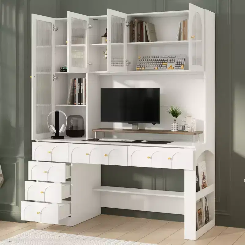 Hitow 63 White Desk with Hutch & Storage  Arched Reeded Glass Doors, Anti-Tip Safety for Home Office