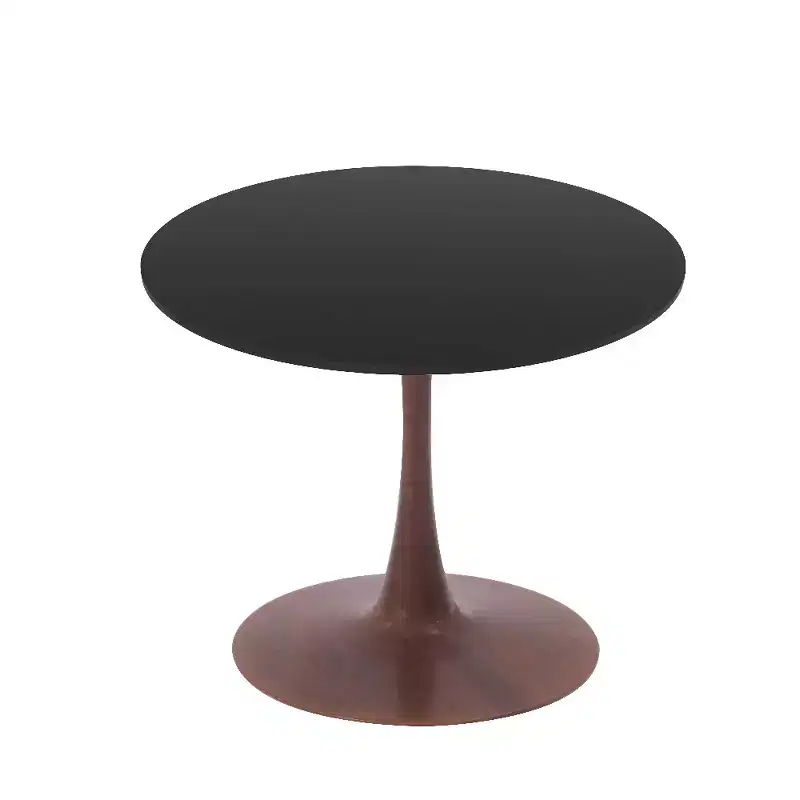 LeisureMod Bristol 27 Round Dining Table  MDF Top with Walnut Steel Pedestal Base, Modern Kitchen & Dining Room Accent Table for Small Spaces