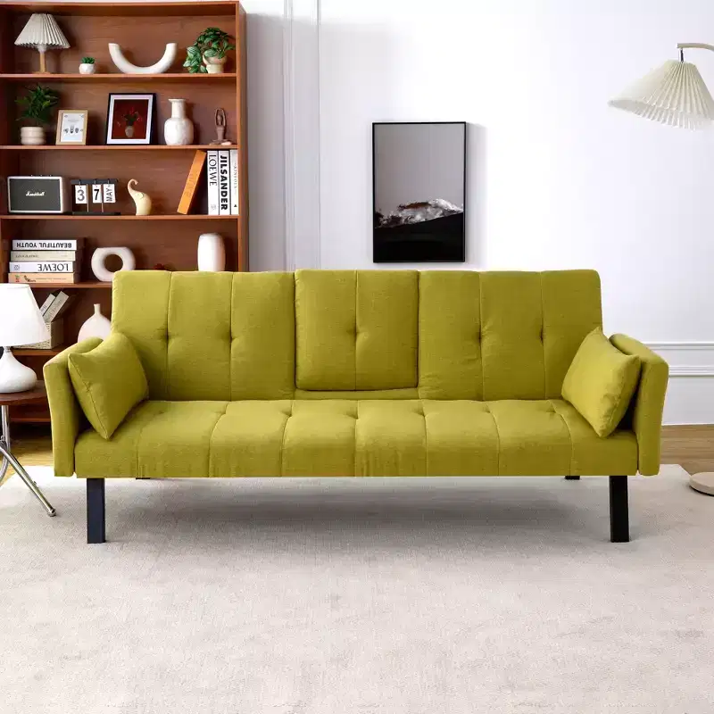 70 Inch Multifunctional Cotton Sofa Bed with Cup Holder and Side Storage for Living Room Bedroom, Green
