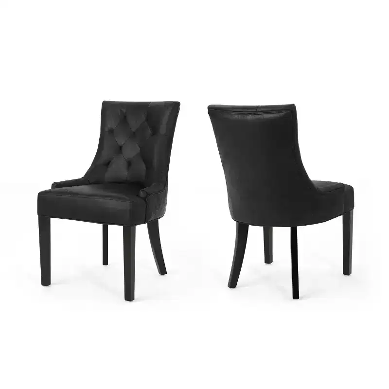Set of 2 Traditional Microfiber Dining Chairs, Diamond Tufted Backrest, Dark Brown Legs
