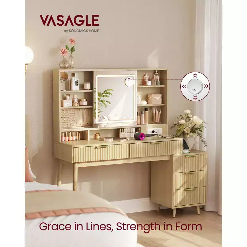 Transitional Vanity Desk with Sliding LED Mirror and Charging Station, 39.4 Inch Makeup Table with Jewelry Storage, Oak Beige