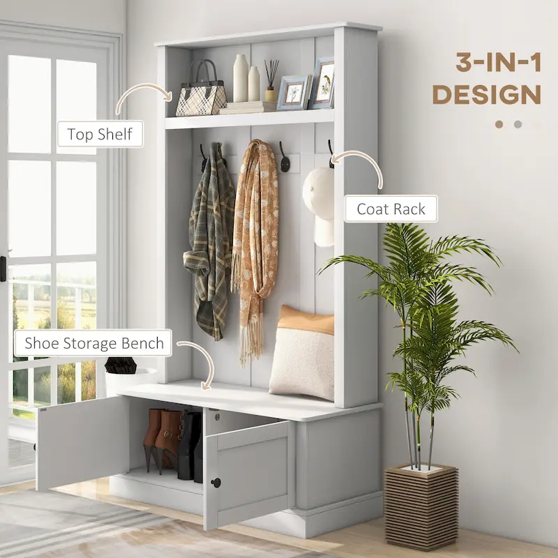 HOMCOM Freestanding Hall Tree, Entryway Bench with Coat Rack, Shoe Cabinet and Top Shelf