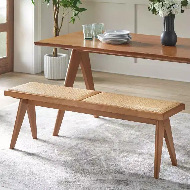 Valentina Modern Rattan Solid Wood Dining Bench Light Walnut