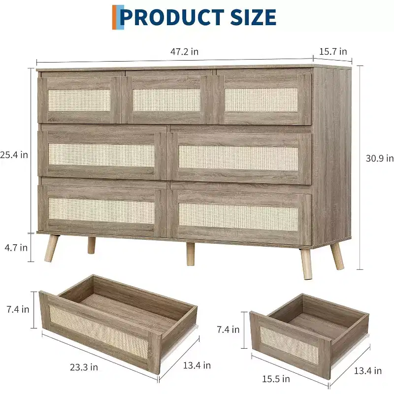 Wood Dressers for Bedroom with 7 Drawers, Wide Modern Chest of Drawers for Living Room, Hallway, Wooden Closet Dressers with Rattan Drawers