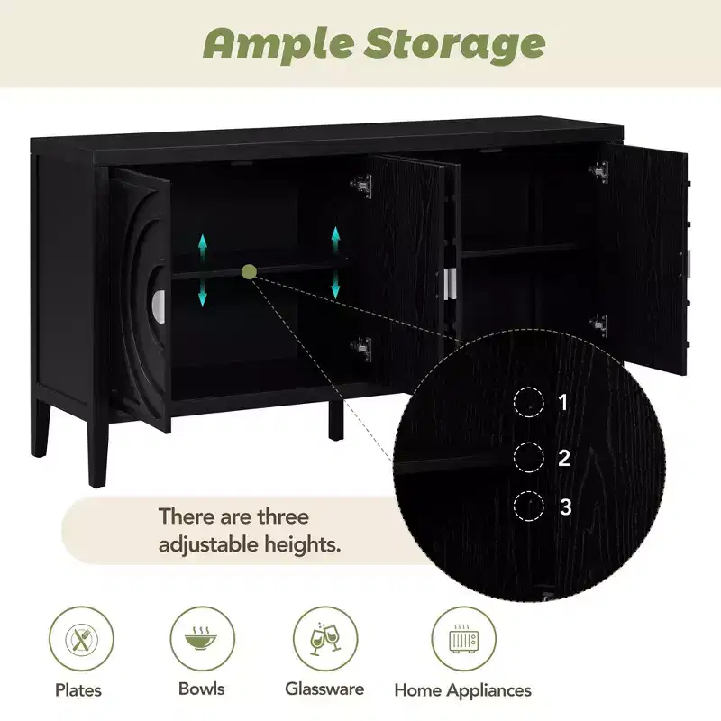 Sideboard Storage Cabinet with Circular Groove Design, Round Metal Door Handle Console Table with Adjustable Shelf, for Kitchen