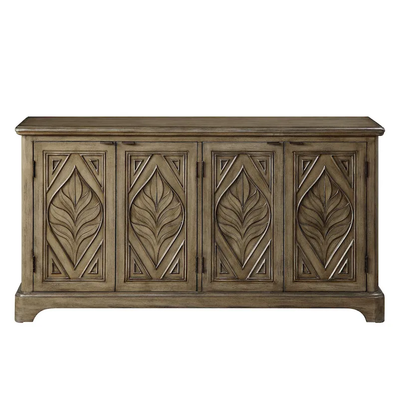 Traditional Console Table with 4 Carved Leaf Motif Doors and Plinth Base – Oak Brown, 1-Unit