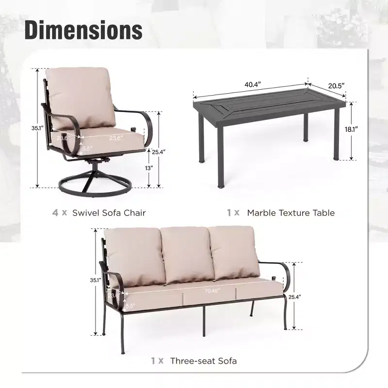 Captiva Designs 6pc Extra Large Metal Outdoor Patio Conversation Set with Swivel Pattern-back Chairs