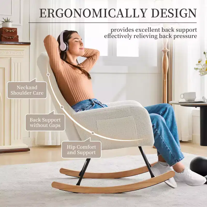 Nursery Rocking Chair, Living Room Glider Rocker for Breastfeeding, Comfy Accent Chairs for Bedroom, Plush Teddy Upholstered Armchairs Indoor