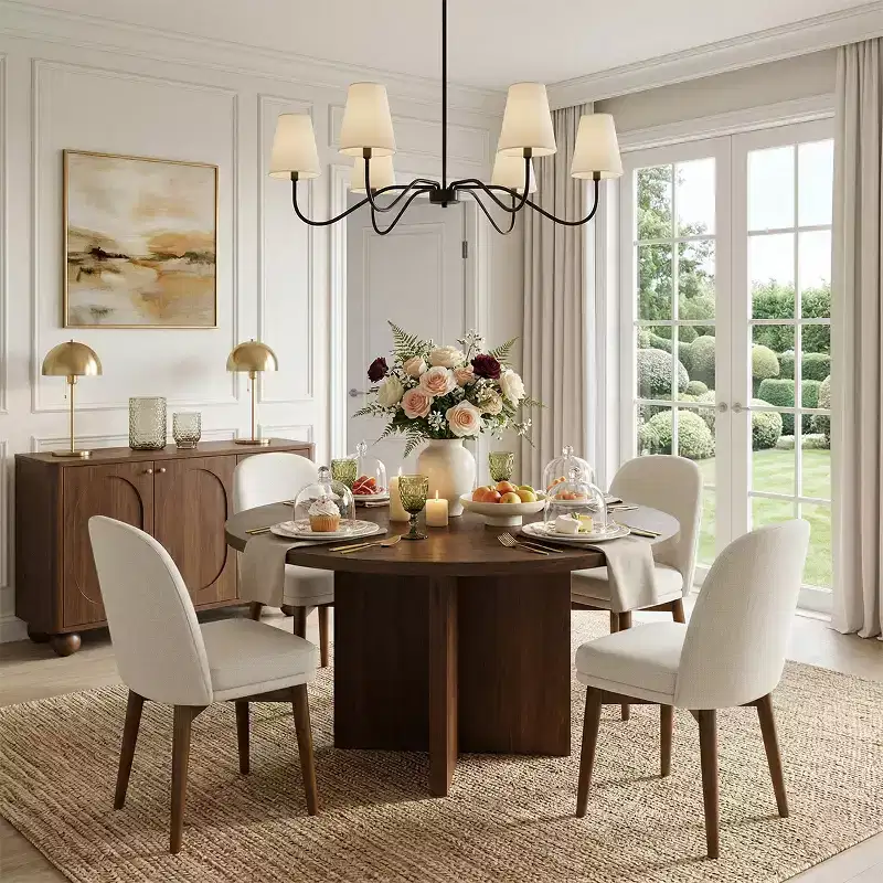 Mid-Century Round Dining Table with Walnut Veneer Top, Solid Wood Cross-Leg Base and Linen Chairs with Solid Wood Legs