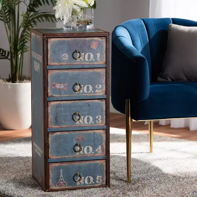 5 Drawer Alba Wood Accent Storage Chest Blue - Parisian Vintage Style with Brass Ring Pulls