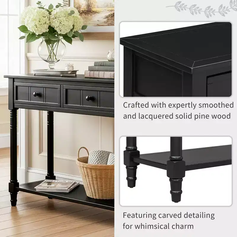 Traditional Entryway Console Table with 2 Drawers and Bottom Shelf, Solid Pine Wood