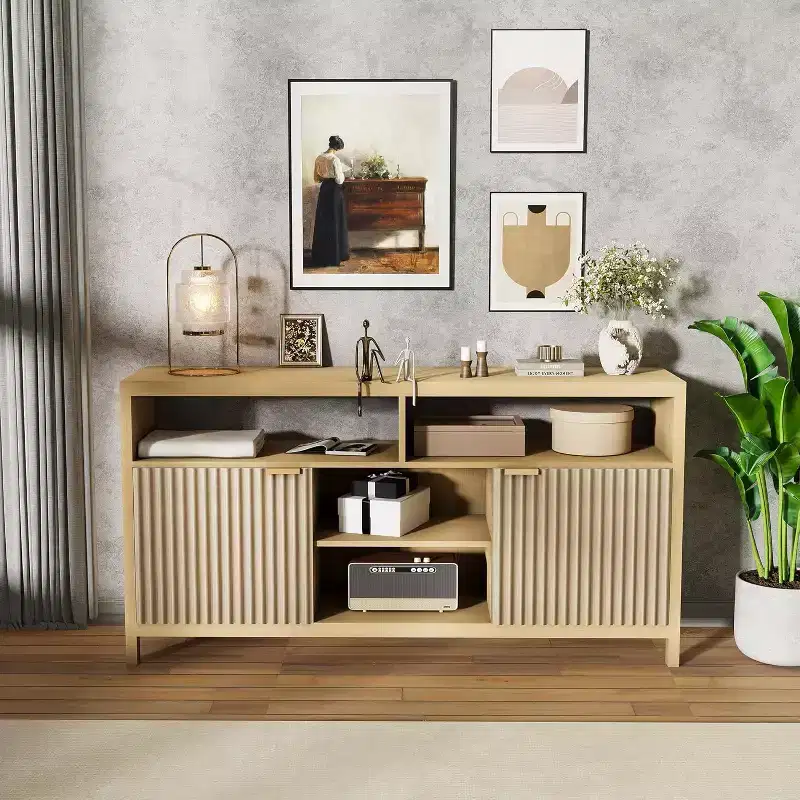 59 Modern TV Stand for Living Room, Large Entertainment Center with Fluted Door & Open Shelves, Wood Media Console Storage Cabinet for 65 Inch TV