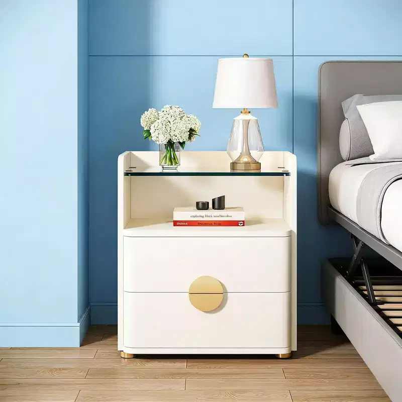 2-Drawer Nightstand, Modern Bedside Table with Open Storage