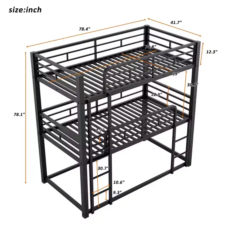 Metal Triple Bunk Bed for 3 Kids, Twin over Twin 3 in 1 Bunk Bed with Ladder and Safety Guardrail for Bedroom