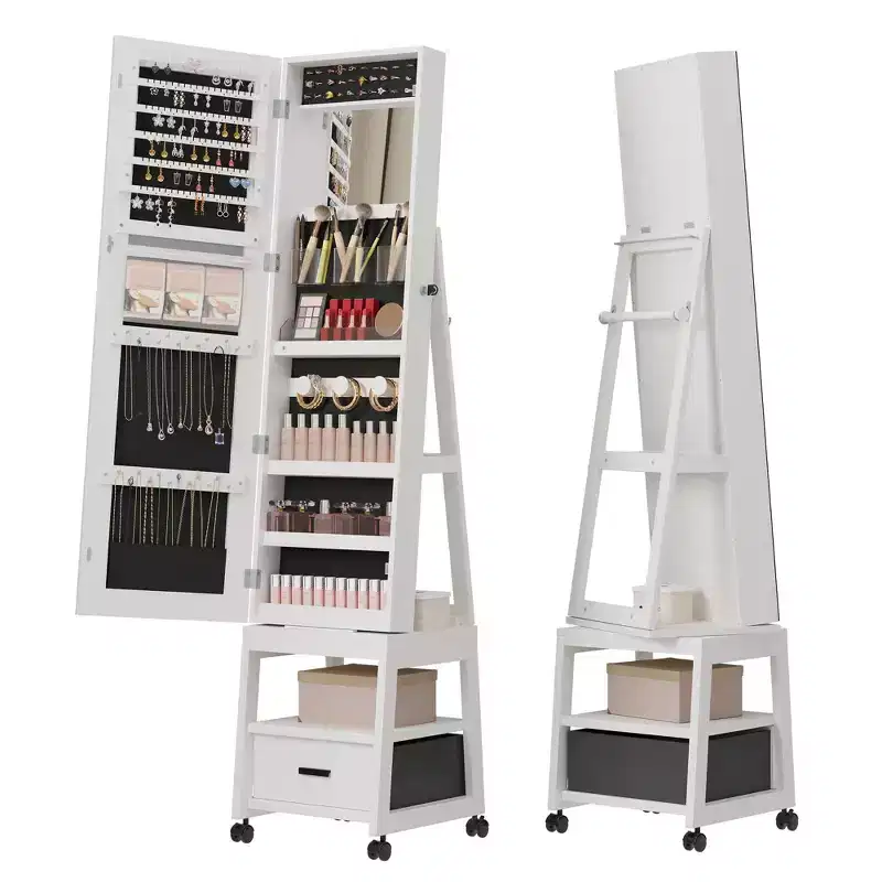 Full Length Mirror Jewelry Organizer,66.1 Tall LED Mirror Jewelry Storage Cabinet with Back Sheleves,360Swivel Freestanding Makeup Cabinet, White