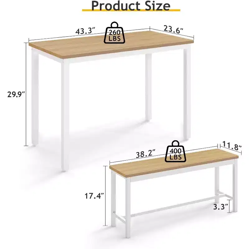 MooxvMoo 43 Dining Table Set, Bar Table with 2 Dining Benches, Industrial Table Counter for Kitchen Breakfast Table, Living Room, Party Room, White