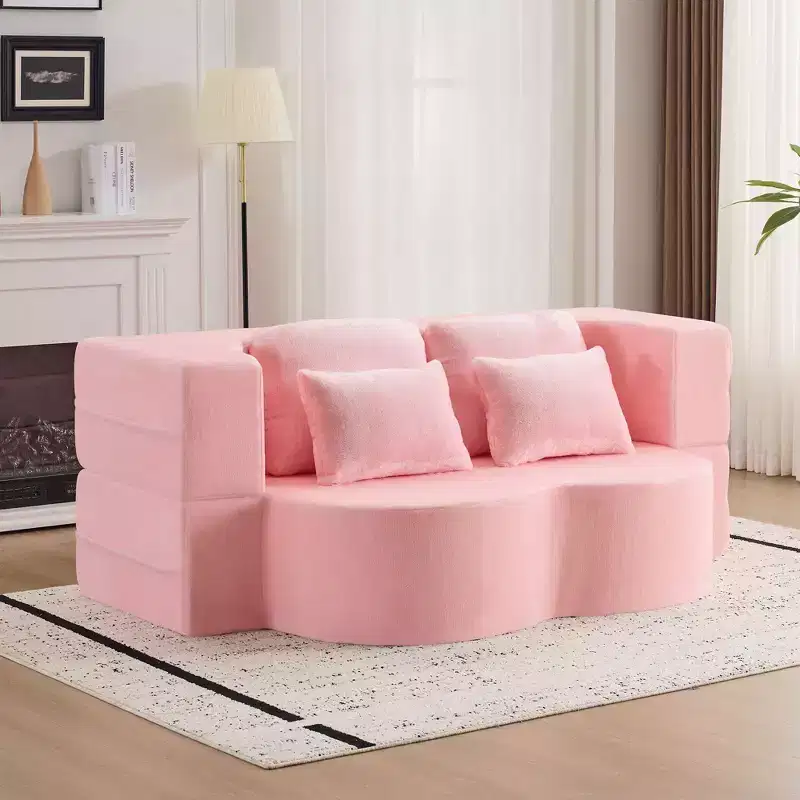 Modern Convertible Floor Folding Sofa Futon Couch with Pillows, Comfy Foam Sofa Sleeper Couch for Living Room, Apartment