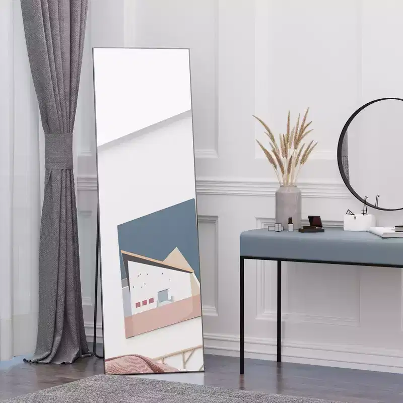 Okak 63.5*19.75IN Aluminum Full Body Mirror with Metal Stand, Wall Mirror with Hanging Holes, Floor Mirror for Clothing Store, Dressing Room, Black