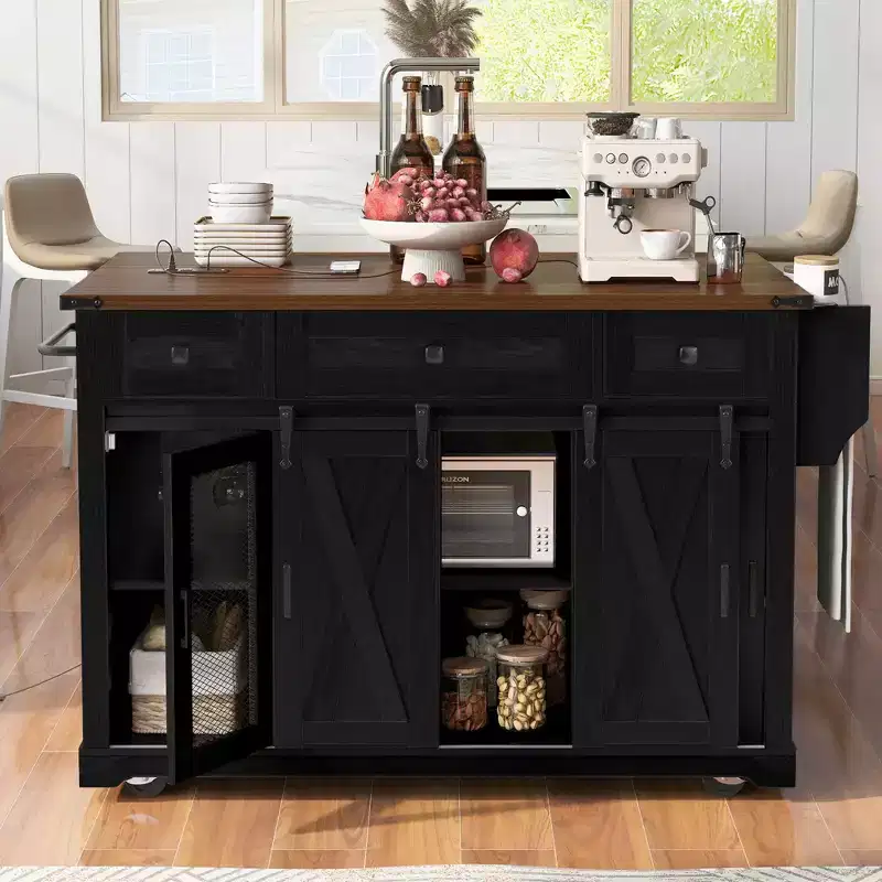 GDFStudio Mary 58 Farmhouse Rolling Kitchen Island with Storage, Sliding Barn Door, Metal Grid Side Door and Drop Leaf