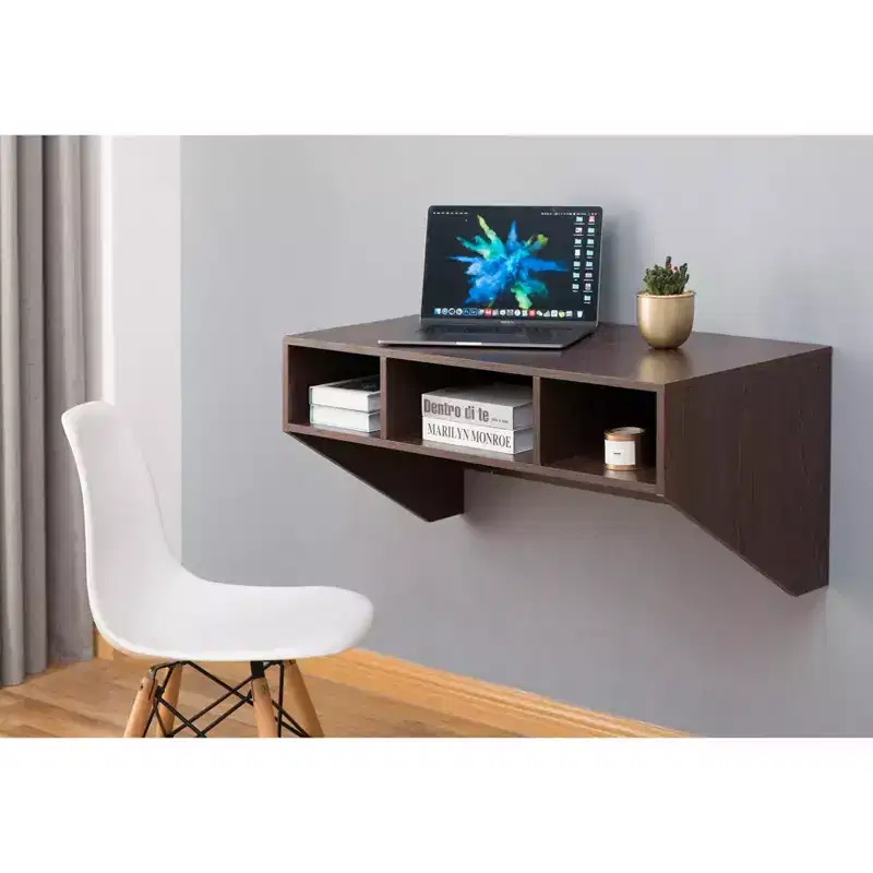 Basicwise Wall Mounted Office Computer Desk and Floating Hutch Cabinet
