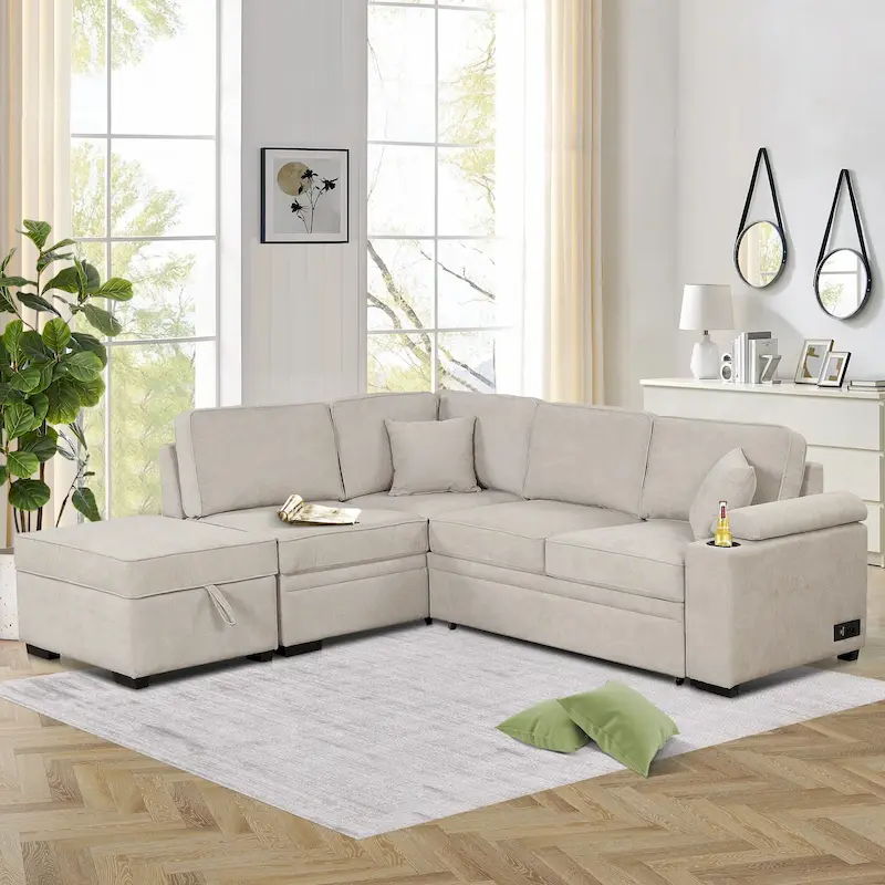 87.4 2 in 1 Pull Out Sleeper Sofa Bed L Shape Couch with Storage Ottoman