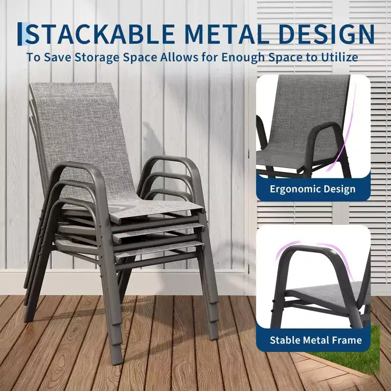 Stackable High-Back Patio Dining Chairs Set of 4 | Breathable Textilene Fabric, Durable Metal Frame | Weather Resistant, Space Saving  for Lawn