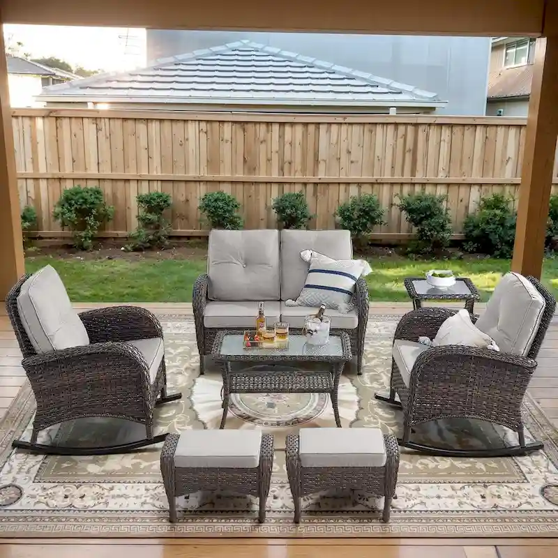 2 Rocker Chairs with Patio Sofa Coffee Table - Brown