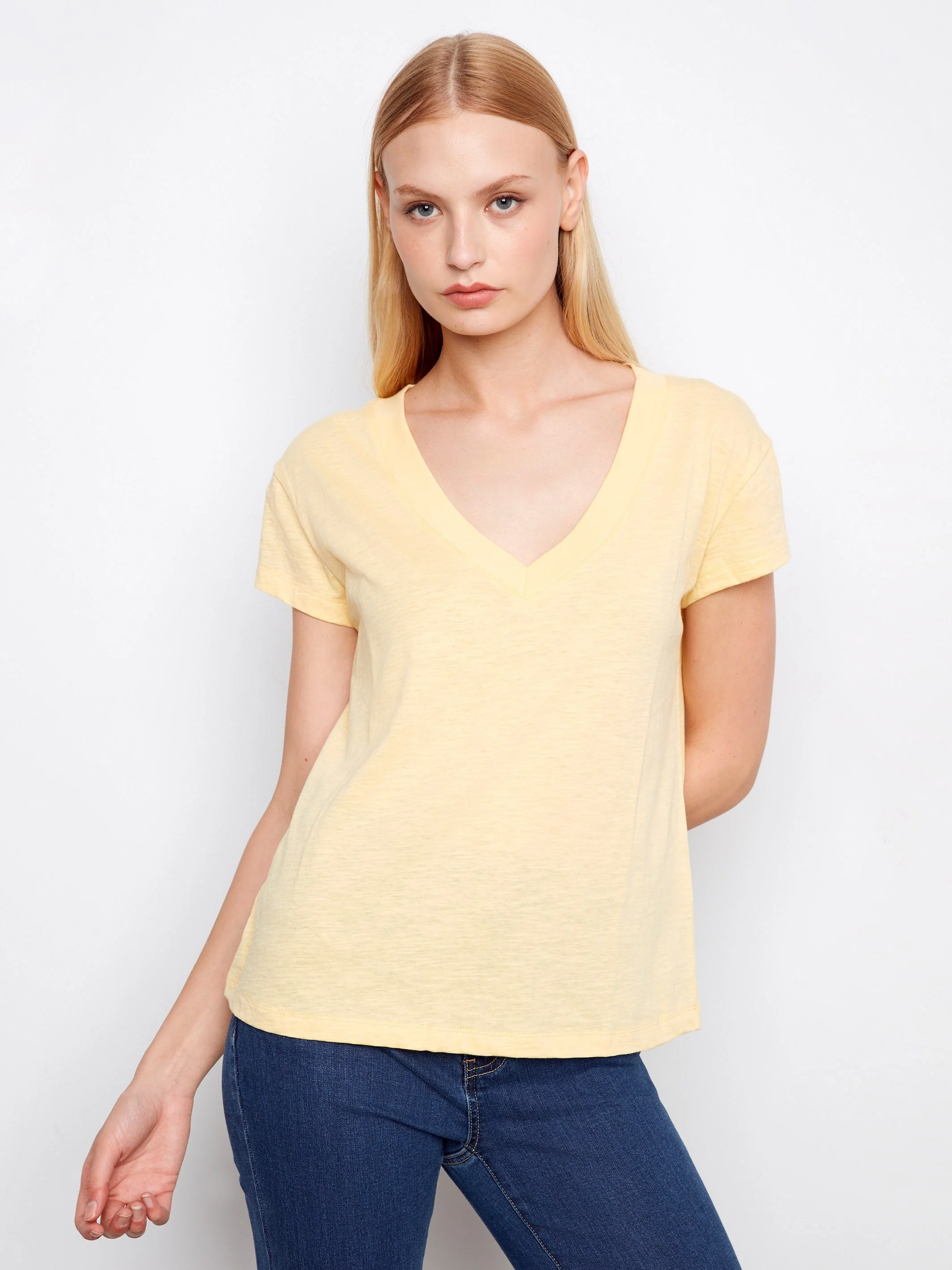 Organic Cotton Drop Shoulder V-Neck T-Shirt - Yellow