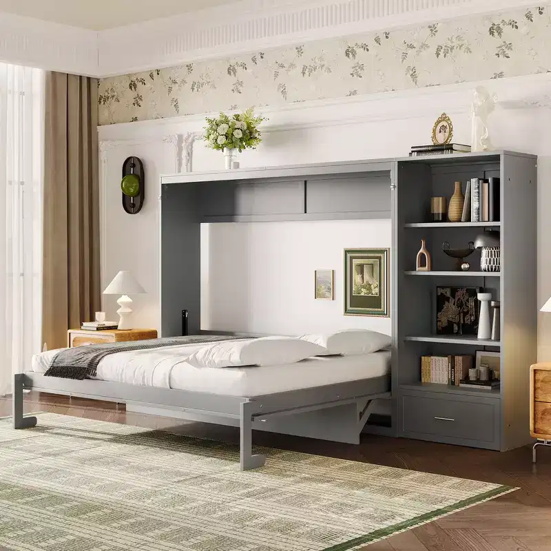 Whisen Queen Foldable Platform Bed & Murphy Bed with Height Adjustable Storage Compartments